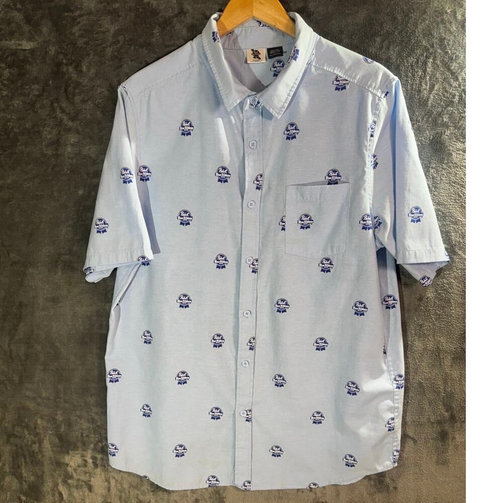 PBR Pabst Blue Ribbon Beer Men’s XL Button Up Shirt All Over Print Light Blue
